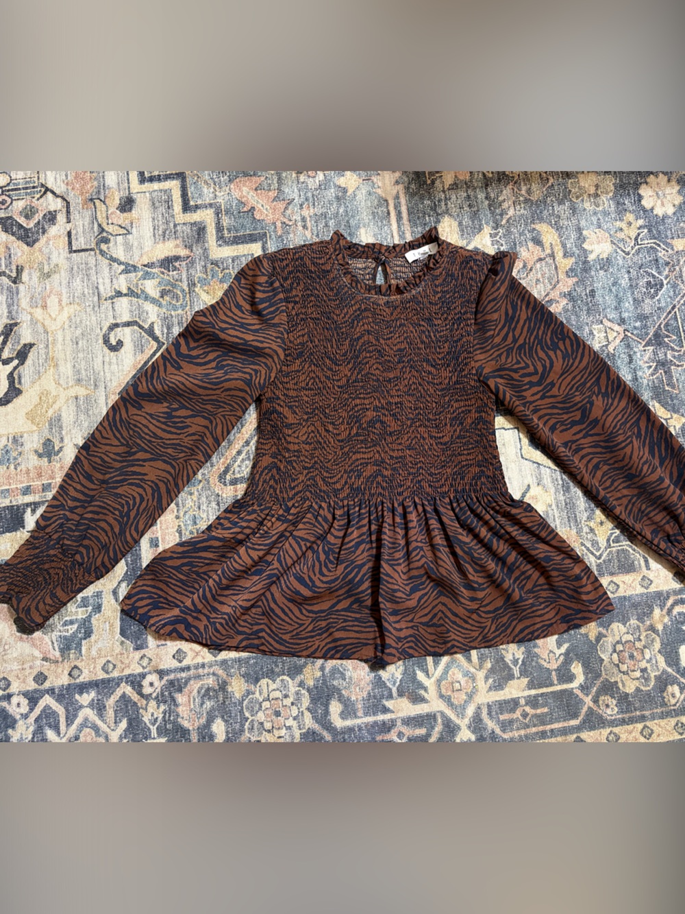 THML Brown and Black Tiger-Print Long Sleeve Smocked Peplum Top